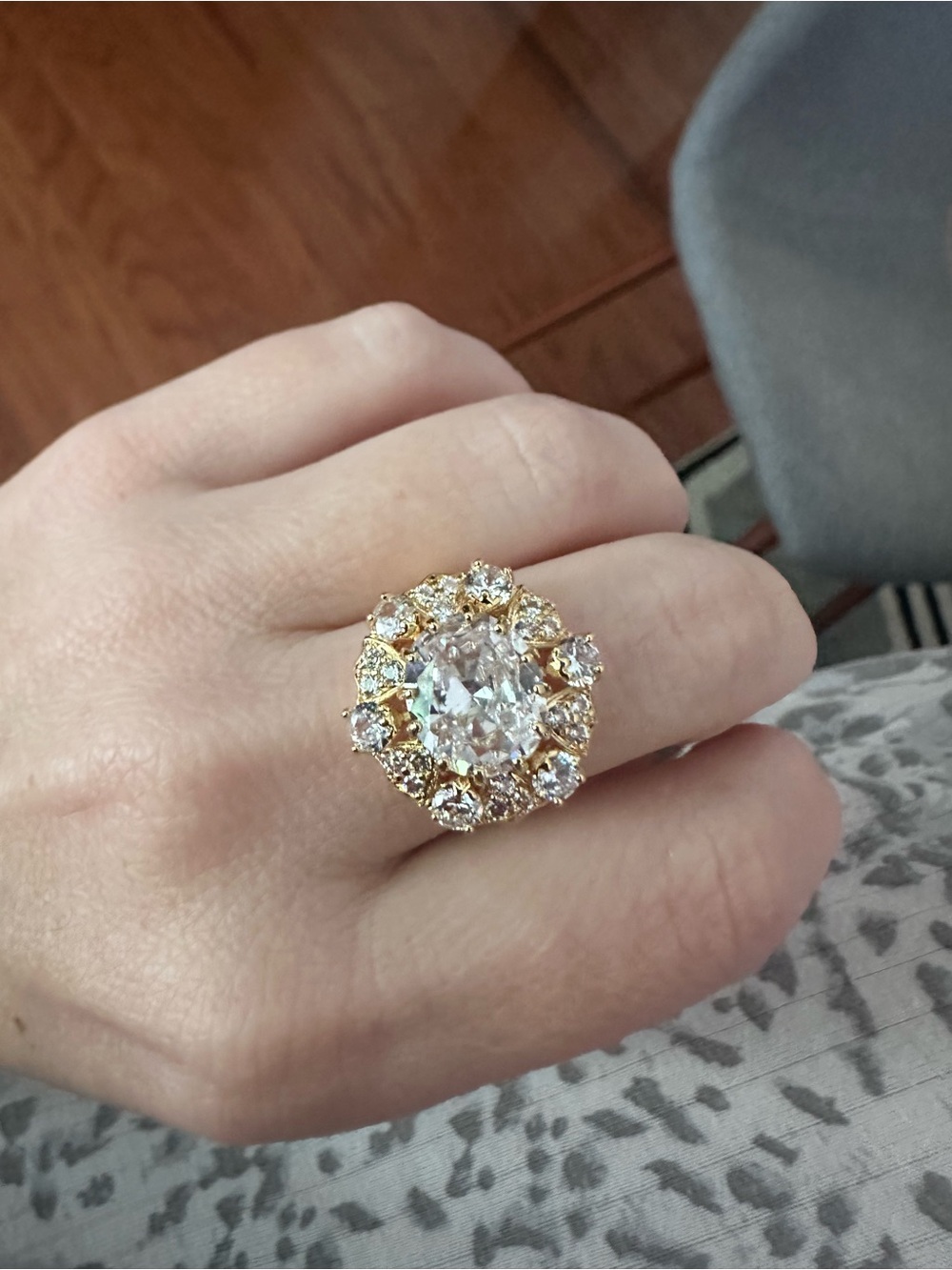 Gold-Tone CZ Crystal Halo Statement Ring - Clear Stones